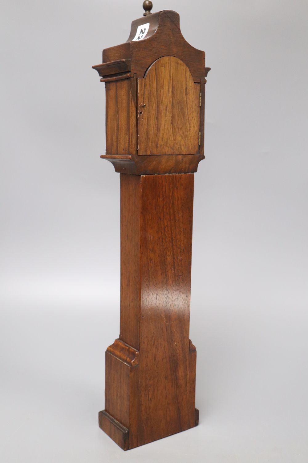 A mahogany and burr walnut miniature longcase clock, with Elgin watch movement, height 46cm